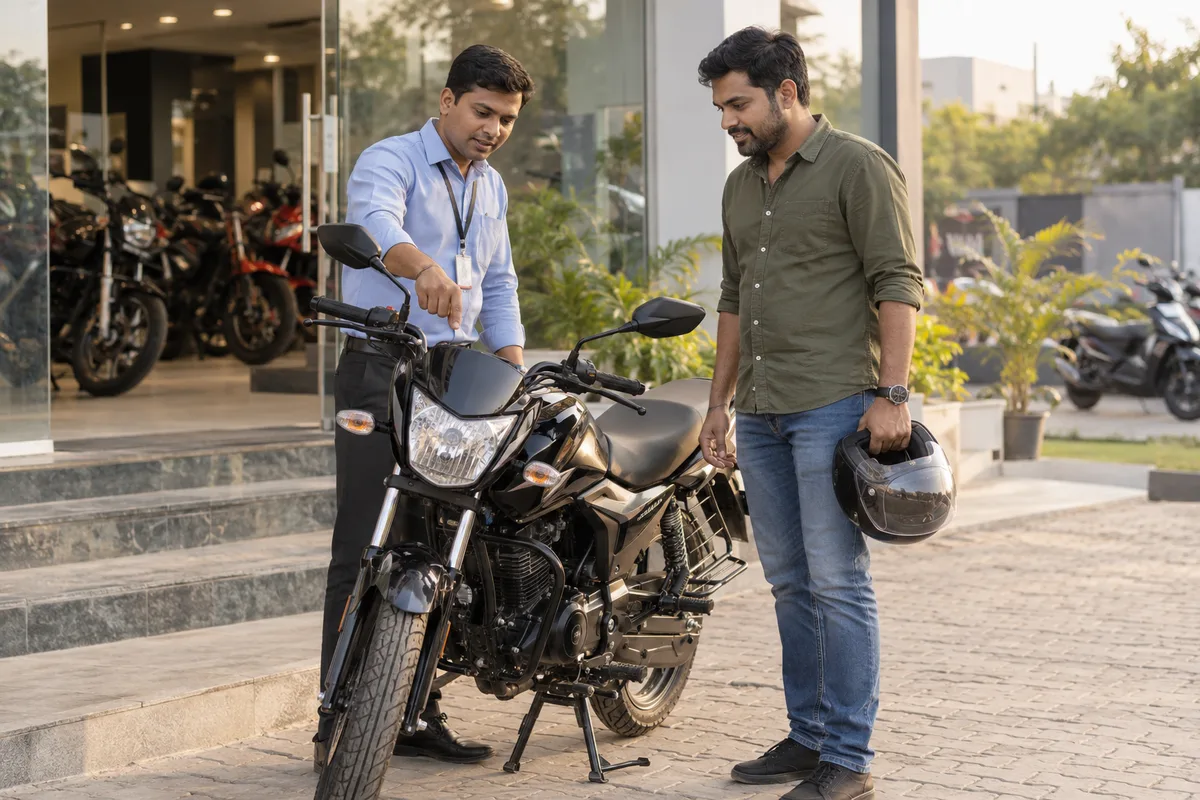 A motorcycle dealer explains a bike to a buyer holding a helmet