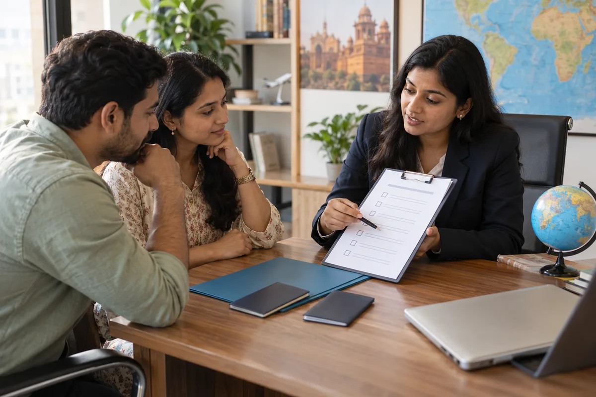 A visa adviser explains a document checklist to a couple