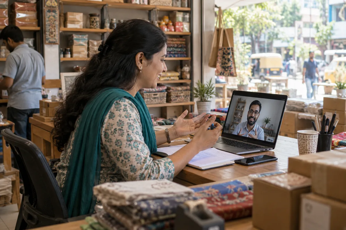 A regional business owner speaks with a remote adviser by video call