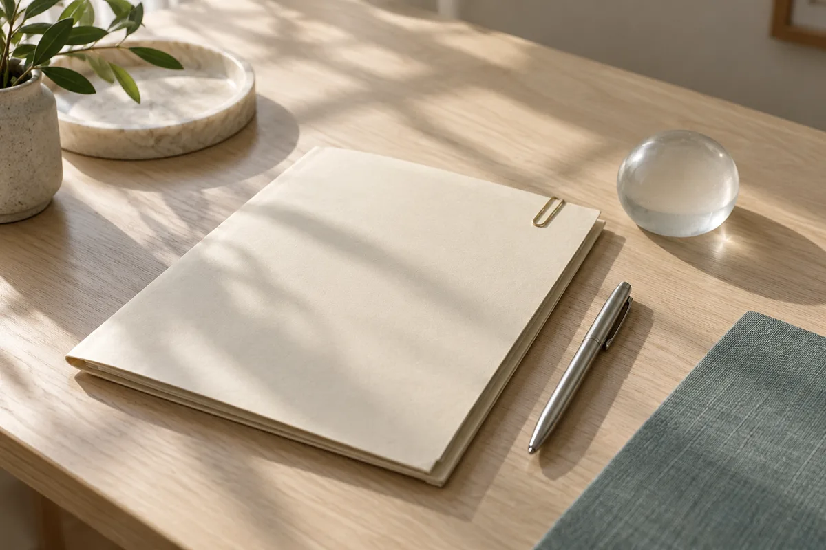 An unmarked document folder and pen arranged on a sunlit desk