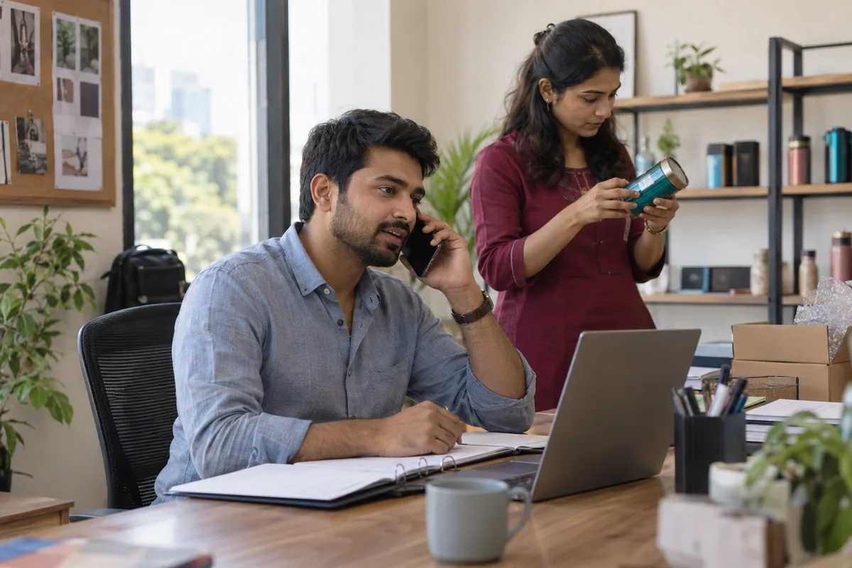 A sales executive follows up with a customer by phone while a colleague checks a product sample
