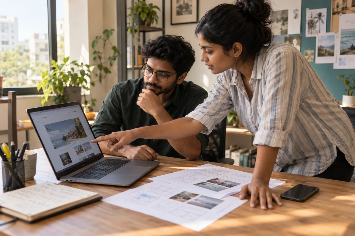 Web designers review a website layout alongside printed wireframes and a smartphone