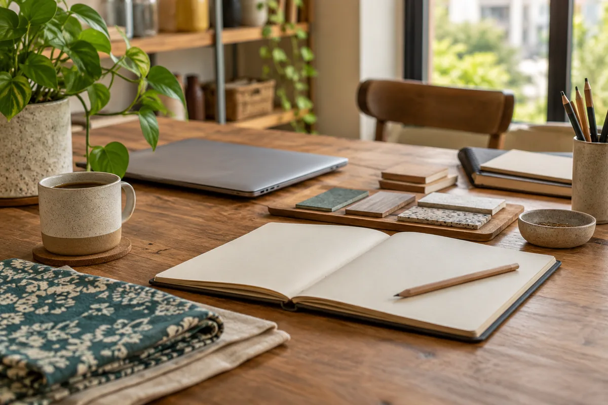 Illustrative worktable with notebooks, a laptop and product samples ready for a meeting