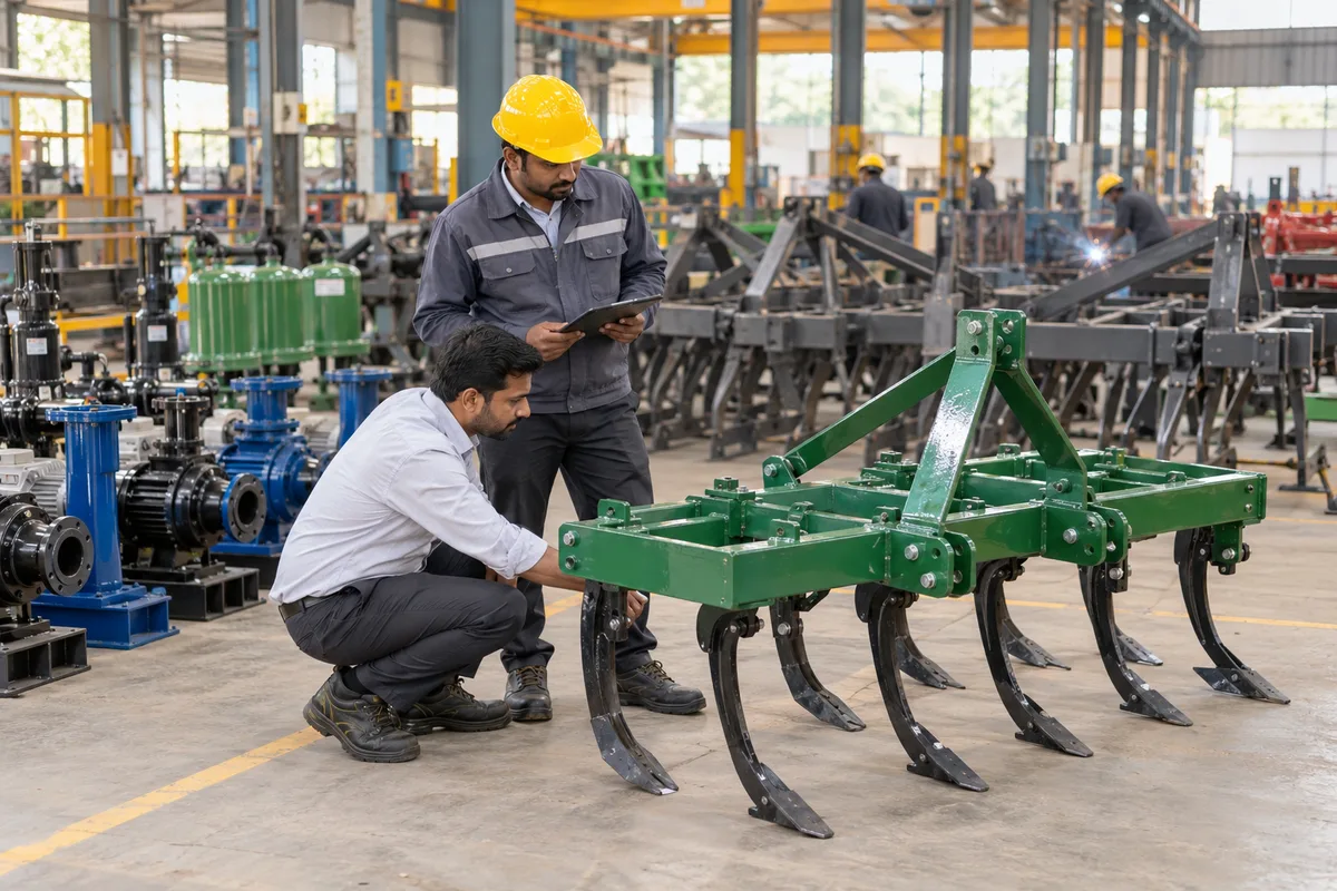 Agricultural machinery builders inspect a cultivator and pump assemblies
