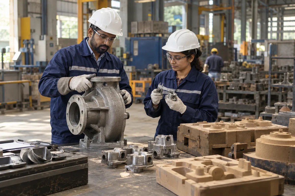 Foundry inspectors examine cooled metal castings and mould patterns