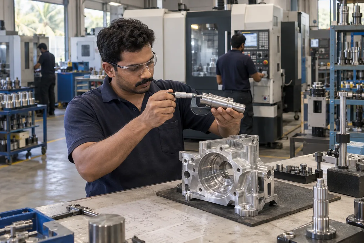 A machinist measures a precision component beside CNC equipment