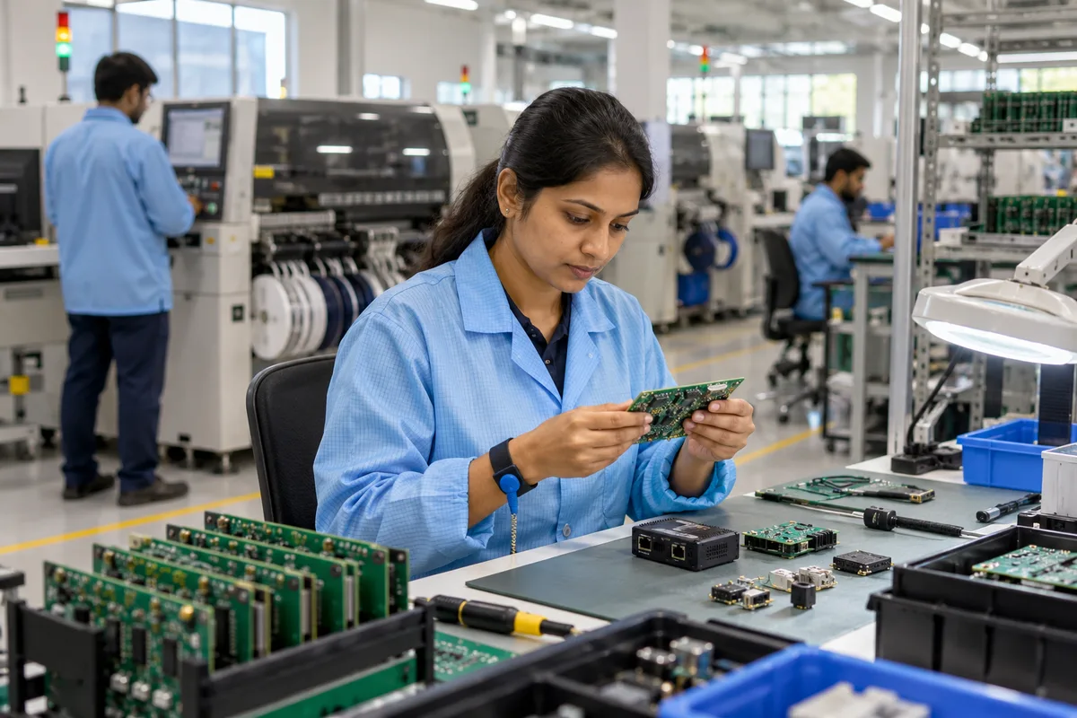An electronics engineer inspects circuit boards at an assembly bench
