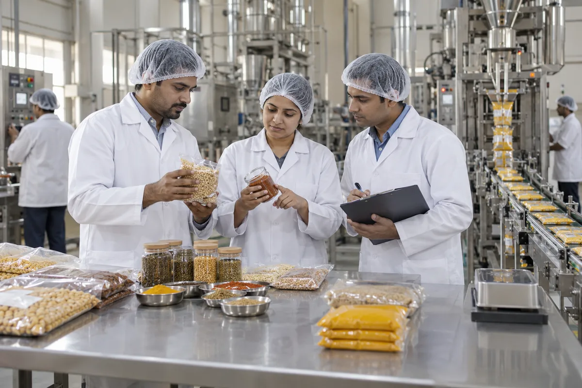 Food processing staff inspect grains, spices and packed foods