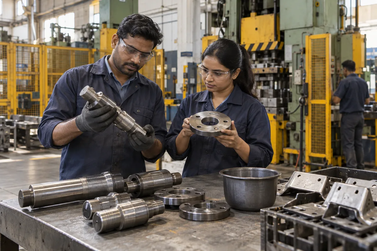 Inspectors check forged shafts and formed metal parts