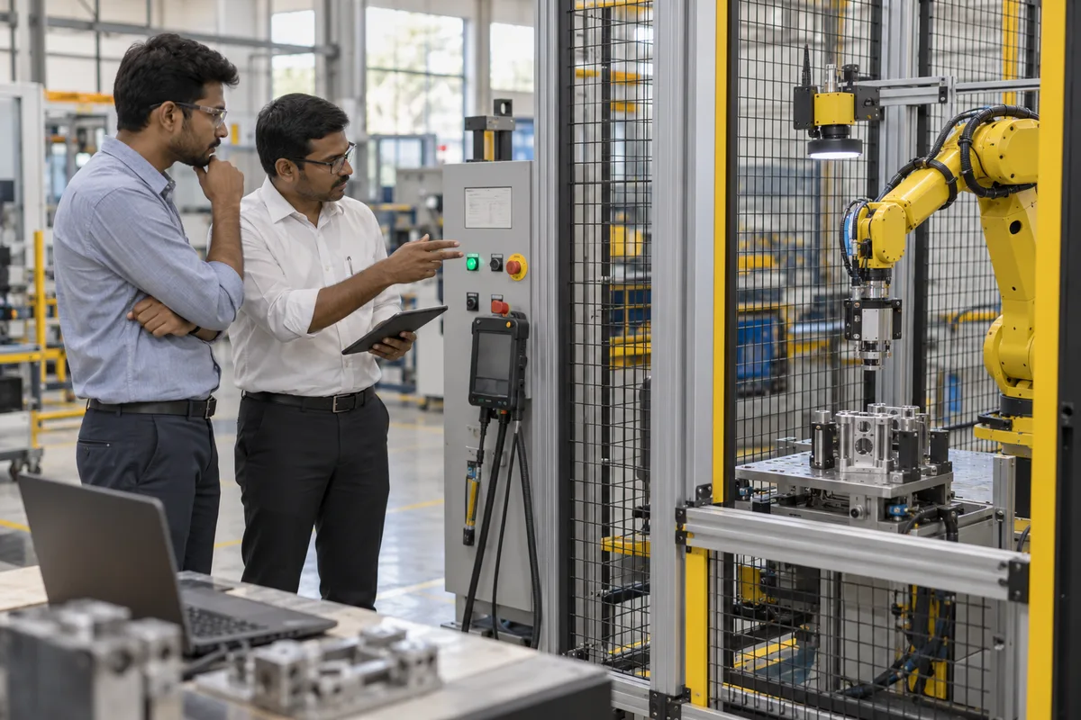 Automation engineers inspect a guarded robotic production cell