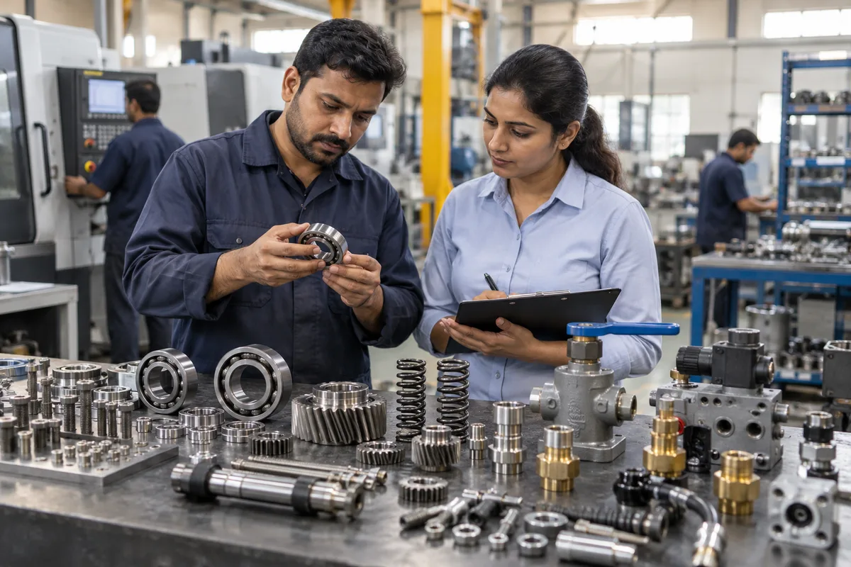 An industrial supplier checks gears, bearings, valves and fasteners