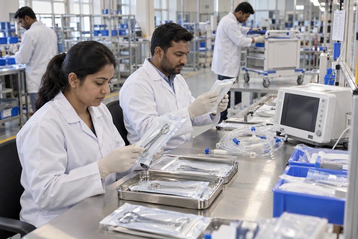 Medical device technicians inspect instruments and equipment assemblies