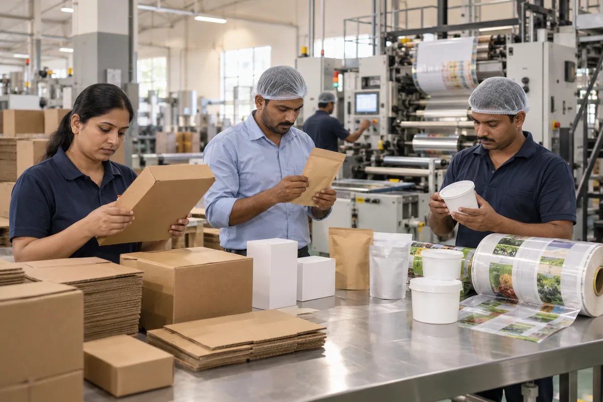 Packaging manufacturers review cartons, pouches and container samples