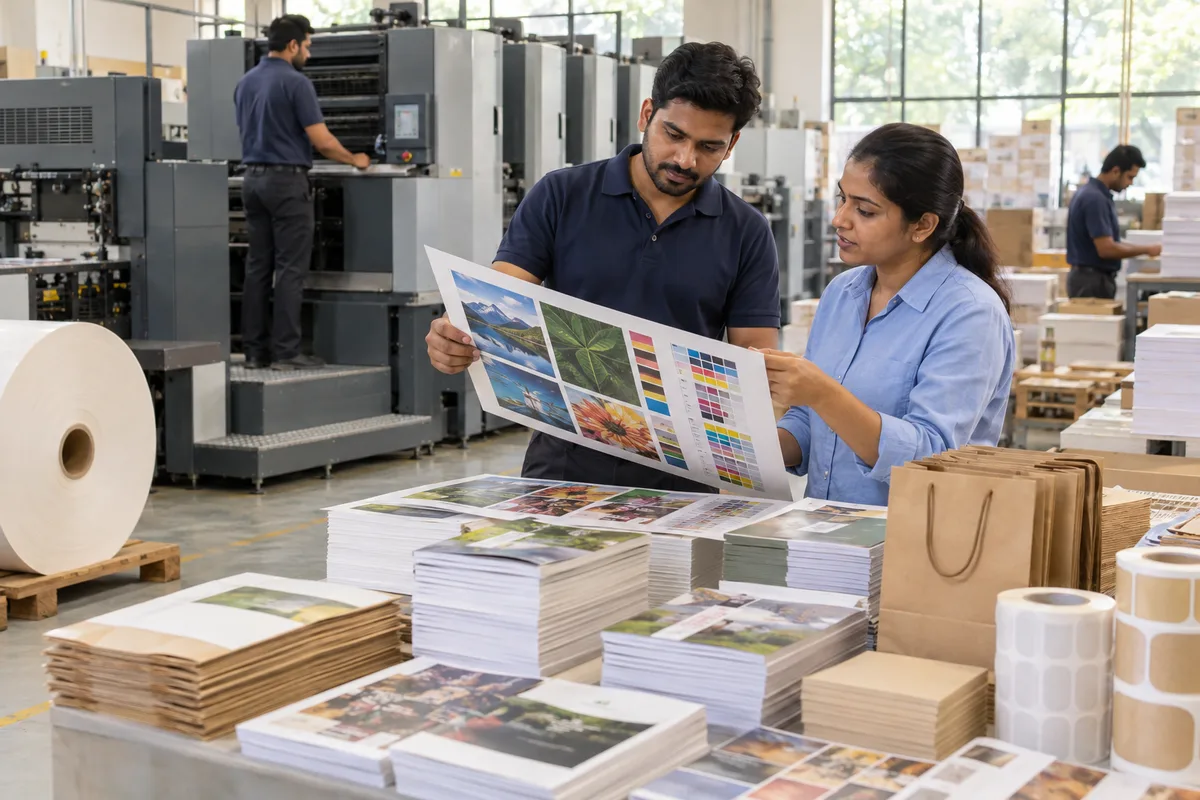 Printing staff inspect colour proofs, paper products and labels