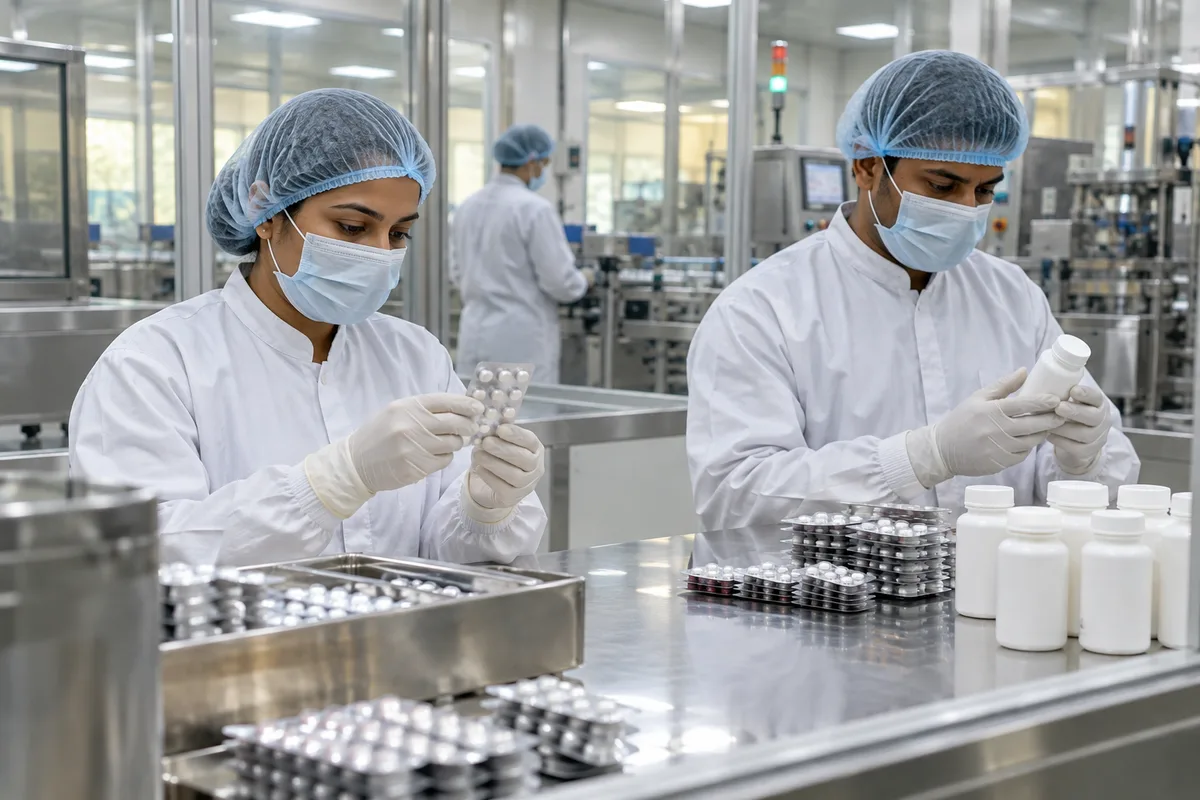 Pharmaceutical staff inspect sealed medicine packs in a cleanroom