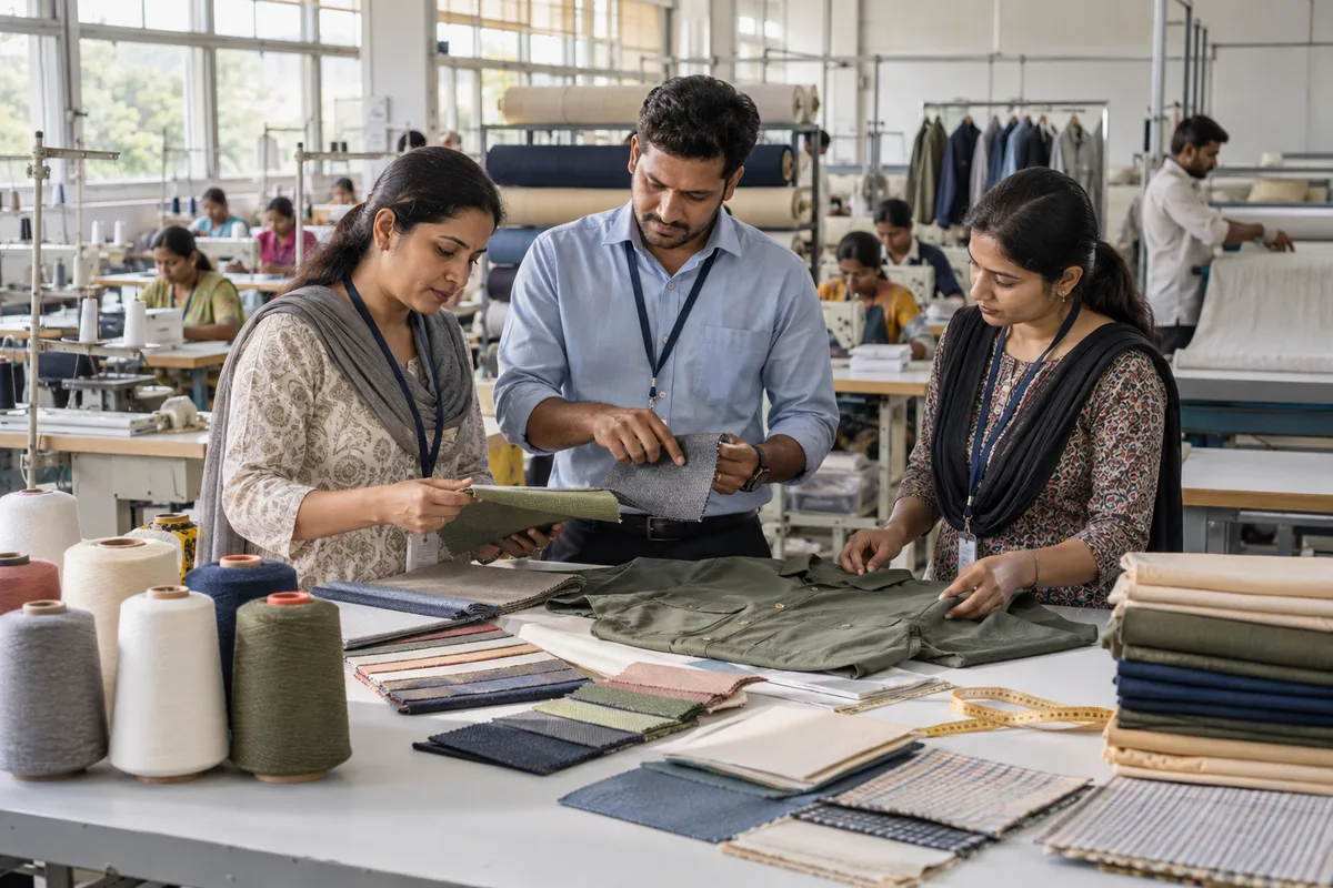Textile staff inspect yarn, fabric and garment samples